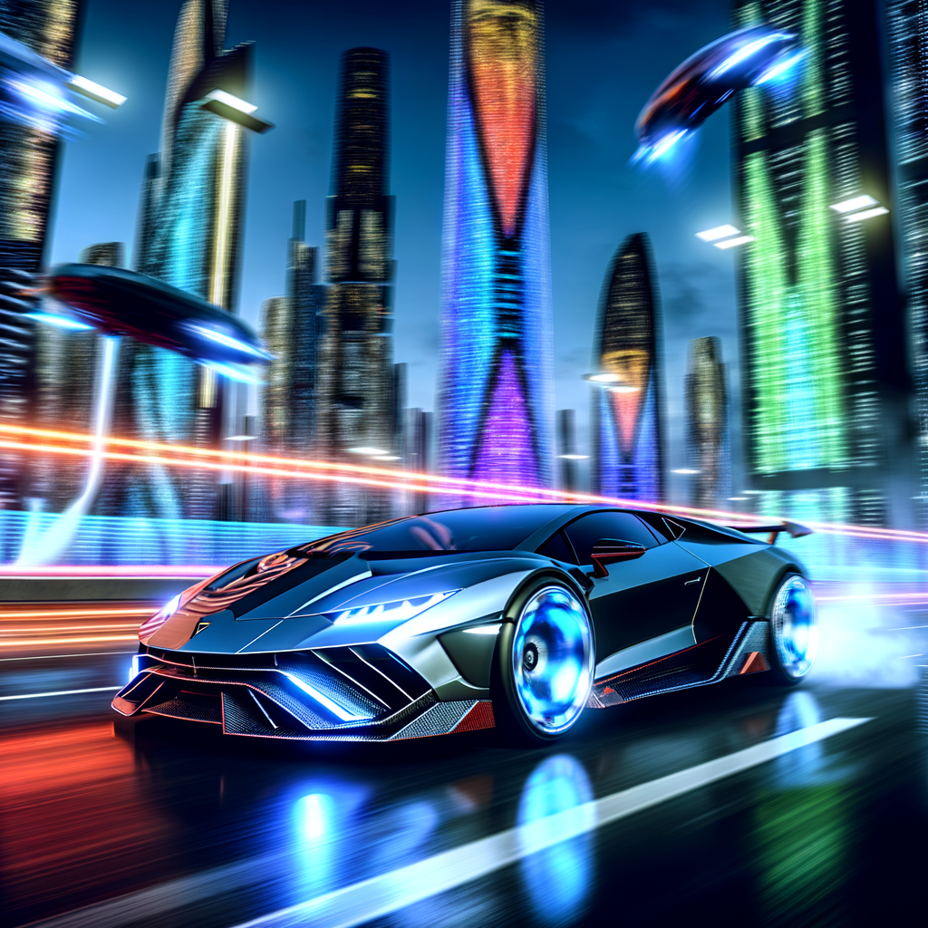 A sleek Lamborghini zooming through futuristic city.