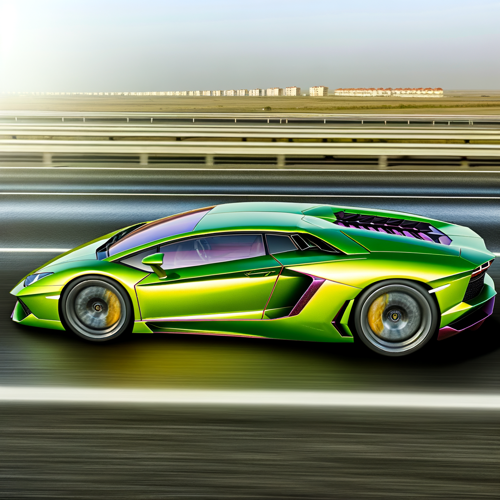 A sleek, vibrant Lamborghini speeding on highway.