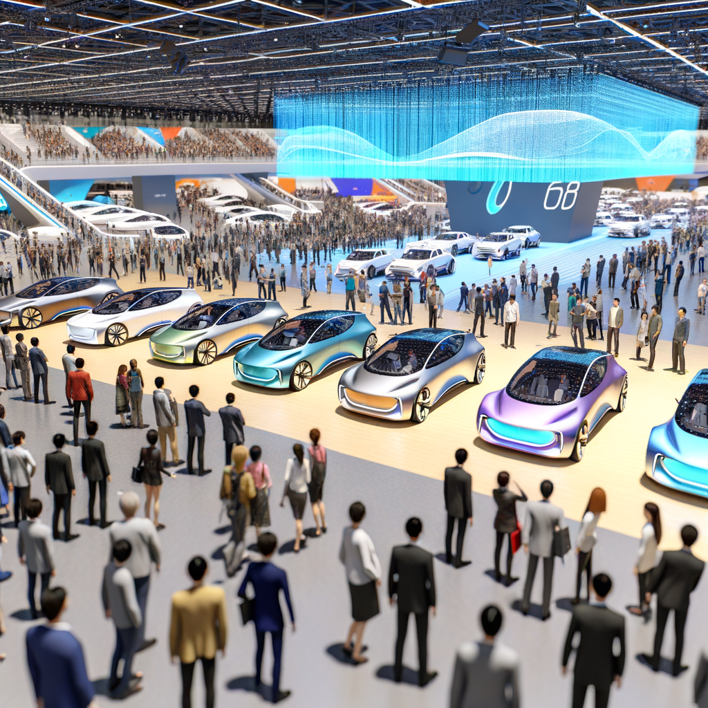Electric cars unveiling at futuristic expo.