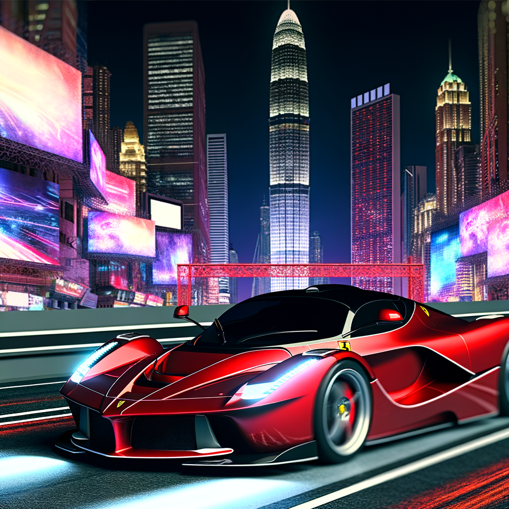 Ferrari hypercar speeding through futuristic city.