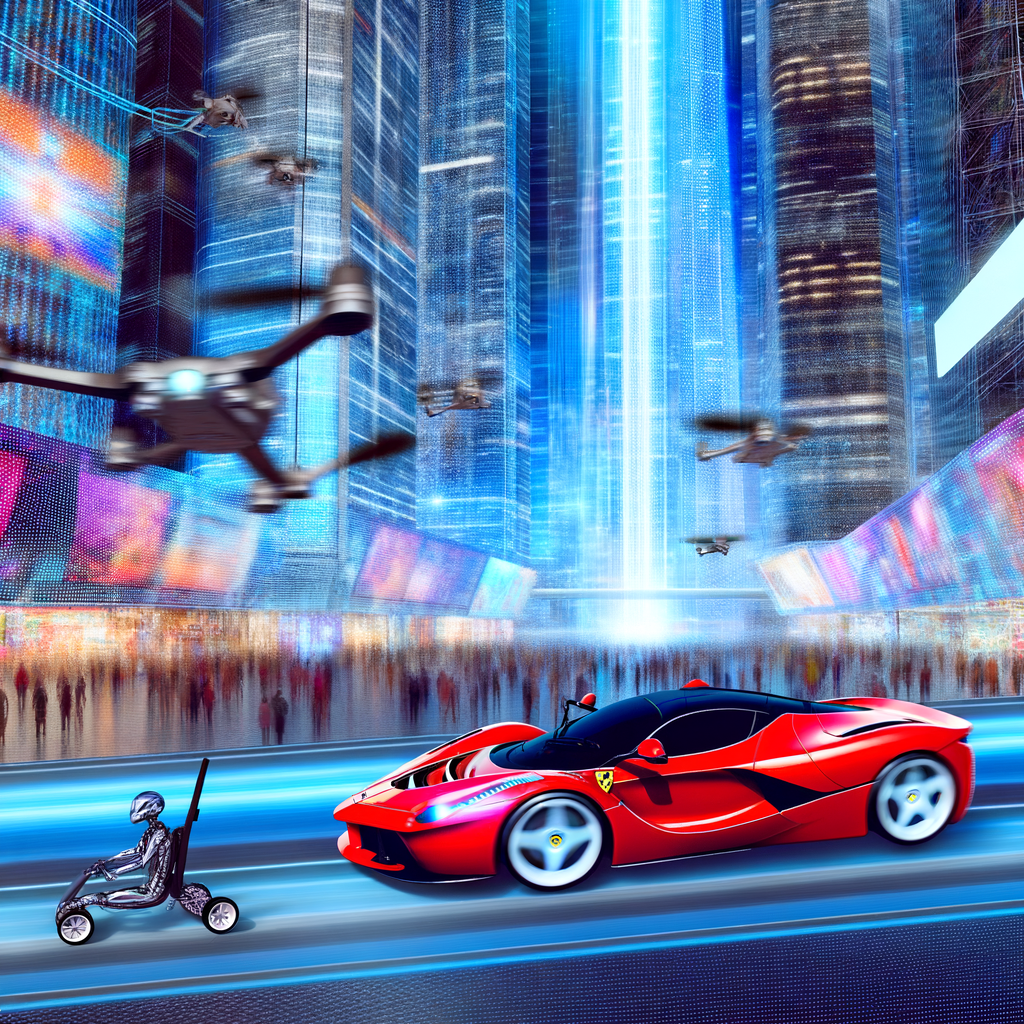 Ferrari supercar blazing through futuristic cityscape.