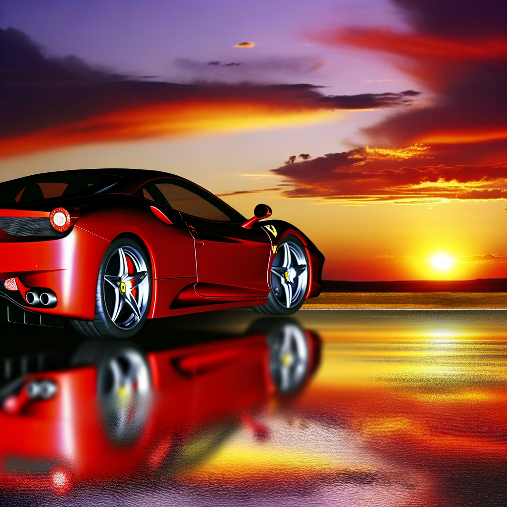 Ferrari supercar gliding elegantly through sunset.
