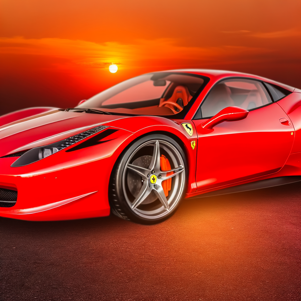 Ferrari supercar glistens under sunset's glow.