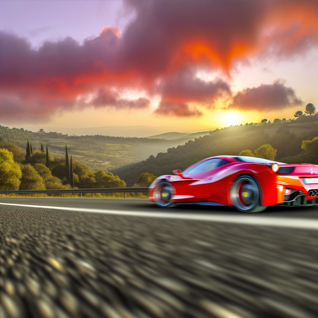 Ferrari supercar speeding down scenic highway.