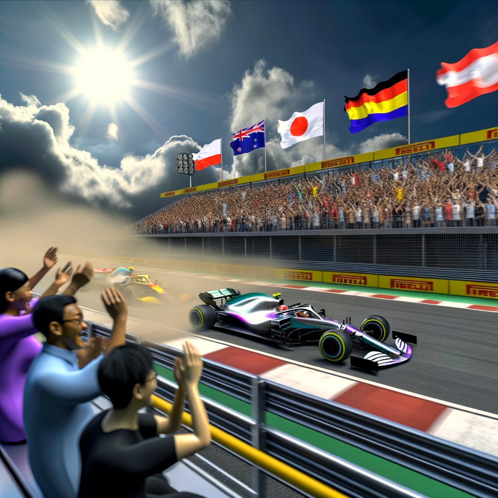 Formula 1 cars race; crowds cheer.