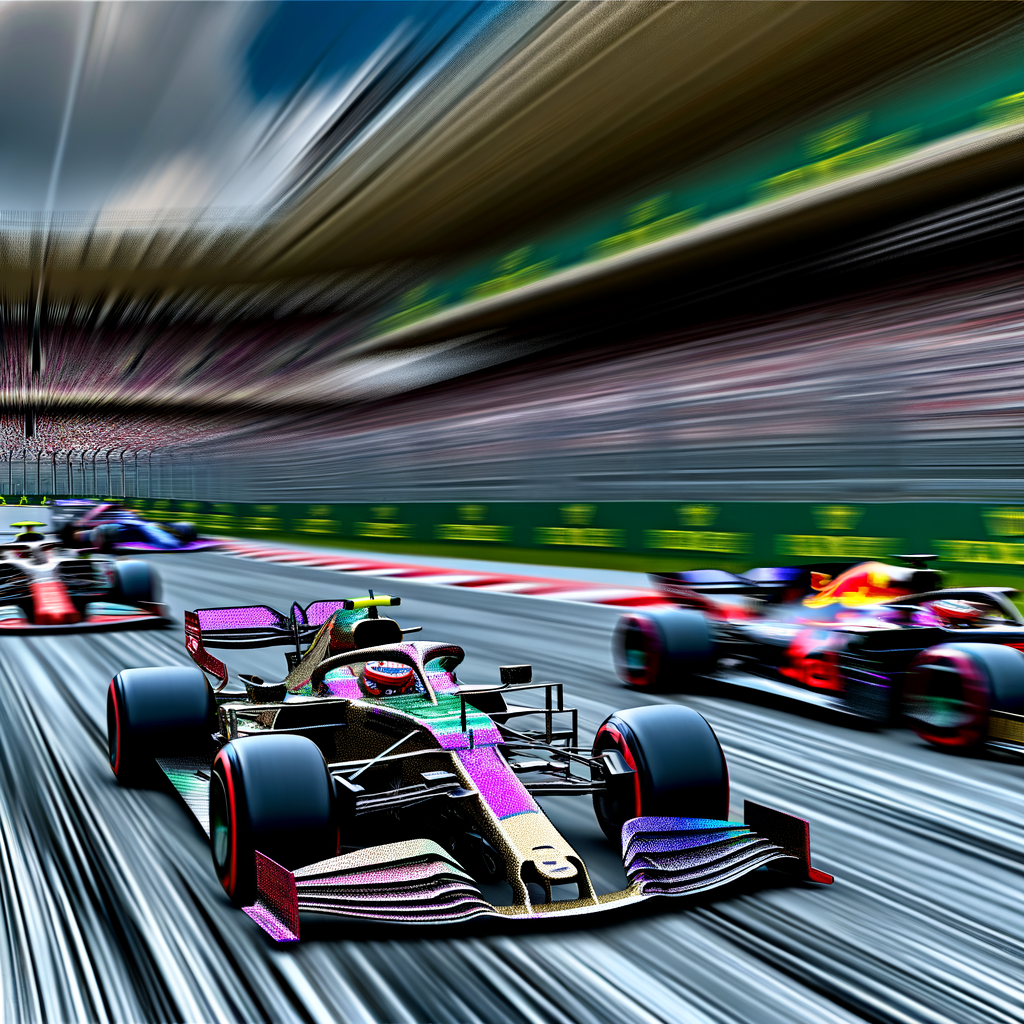 Formula 1 cars racing on dynamic circuit.