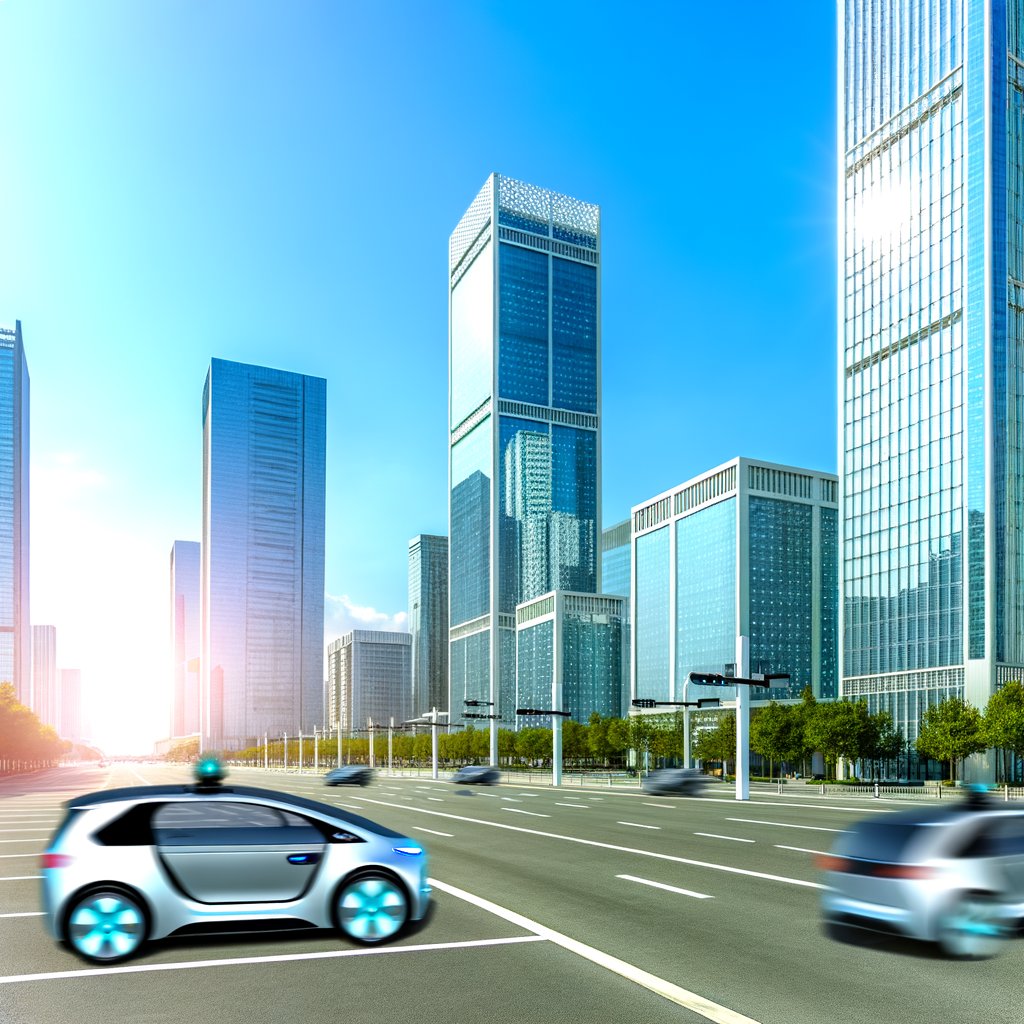 Future cityscape with EVs and autonomous vehicles.