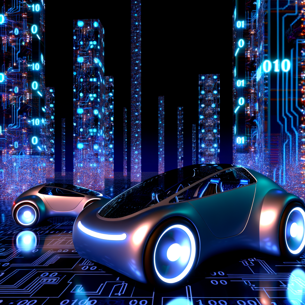 Futuristic cars amid digital innovation landscapes.