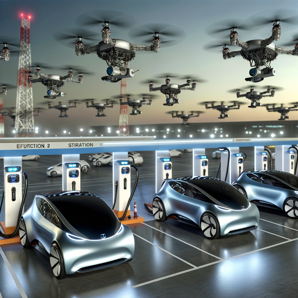 Futuristic cars charge as drones hover above.