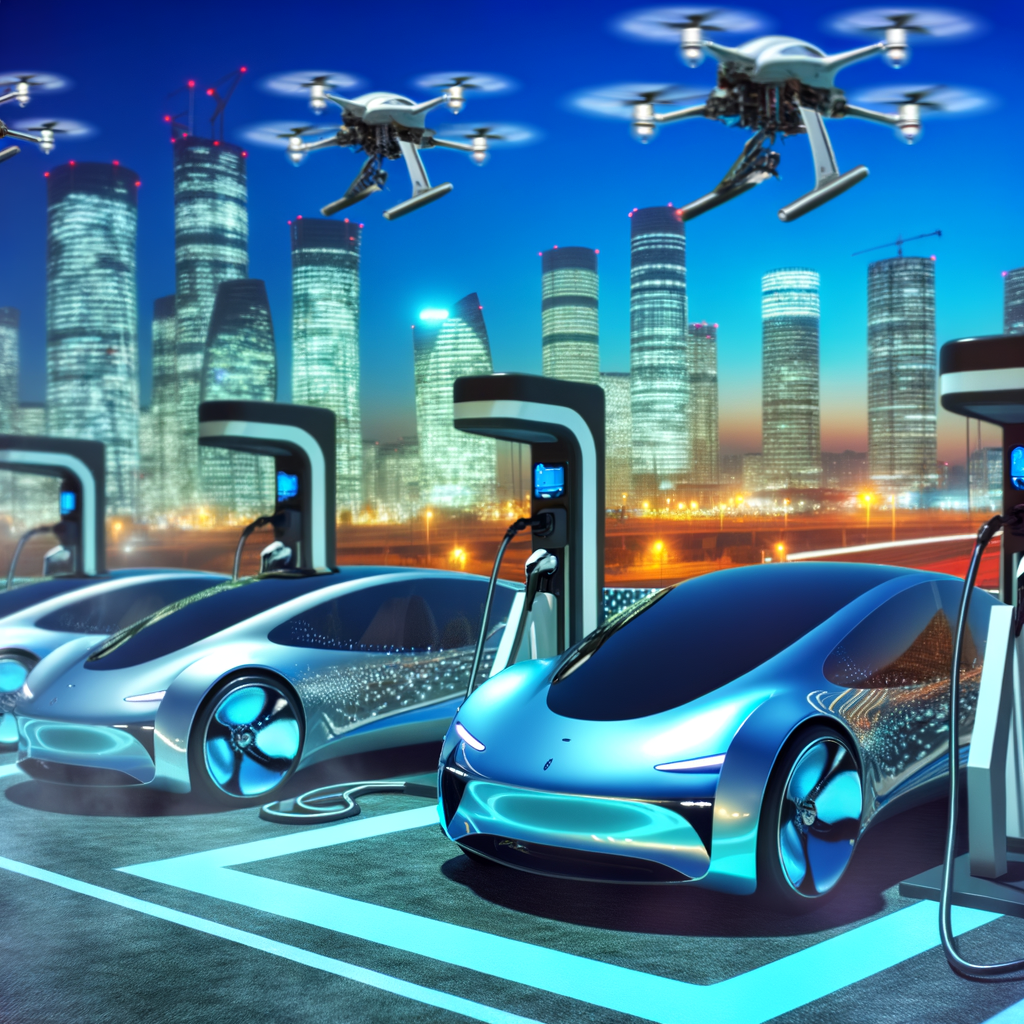 Futuristic cars charge as drones hover.