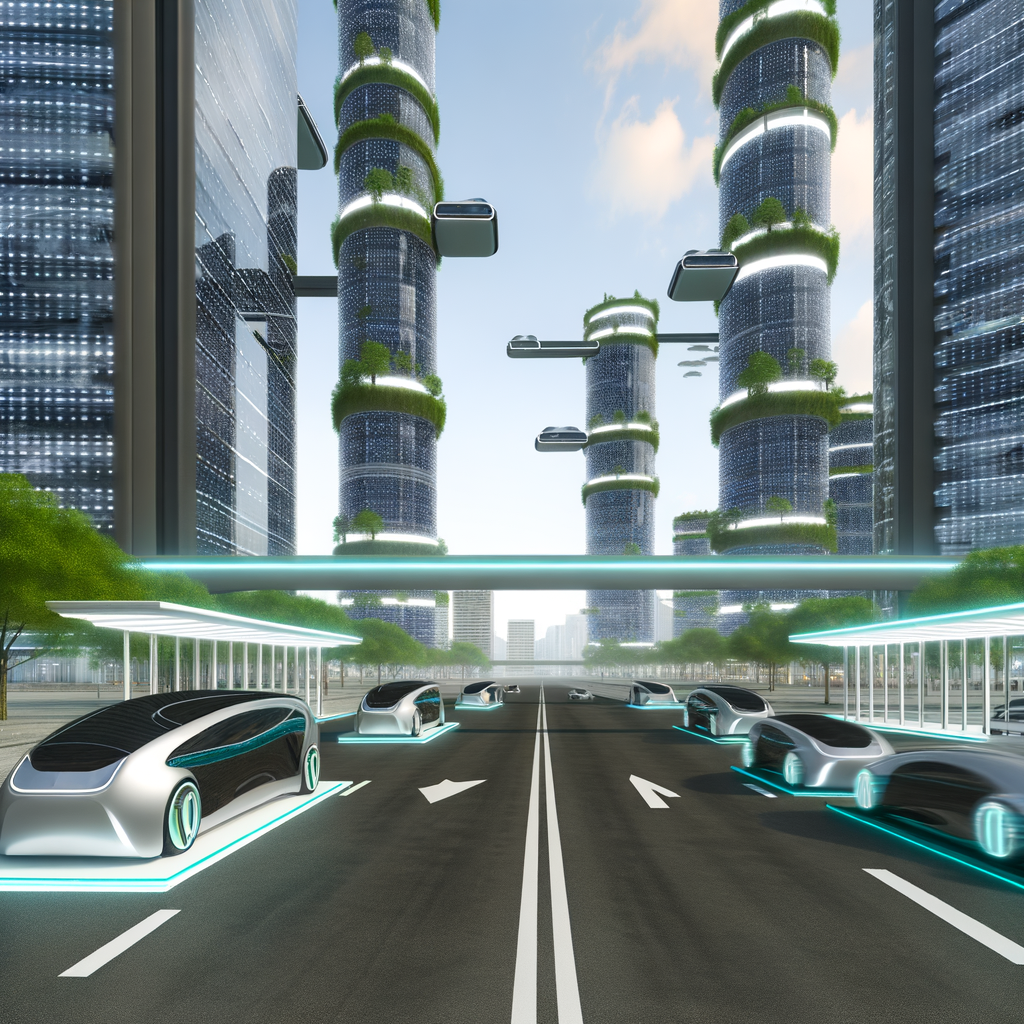 Futuristic cars charging in a smart city.