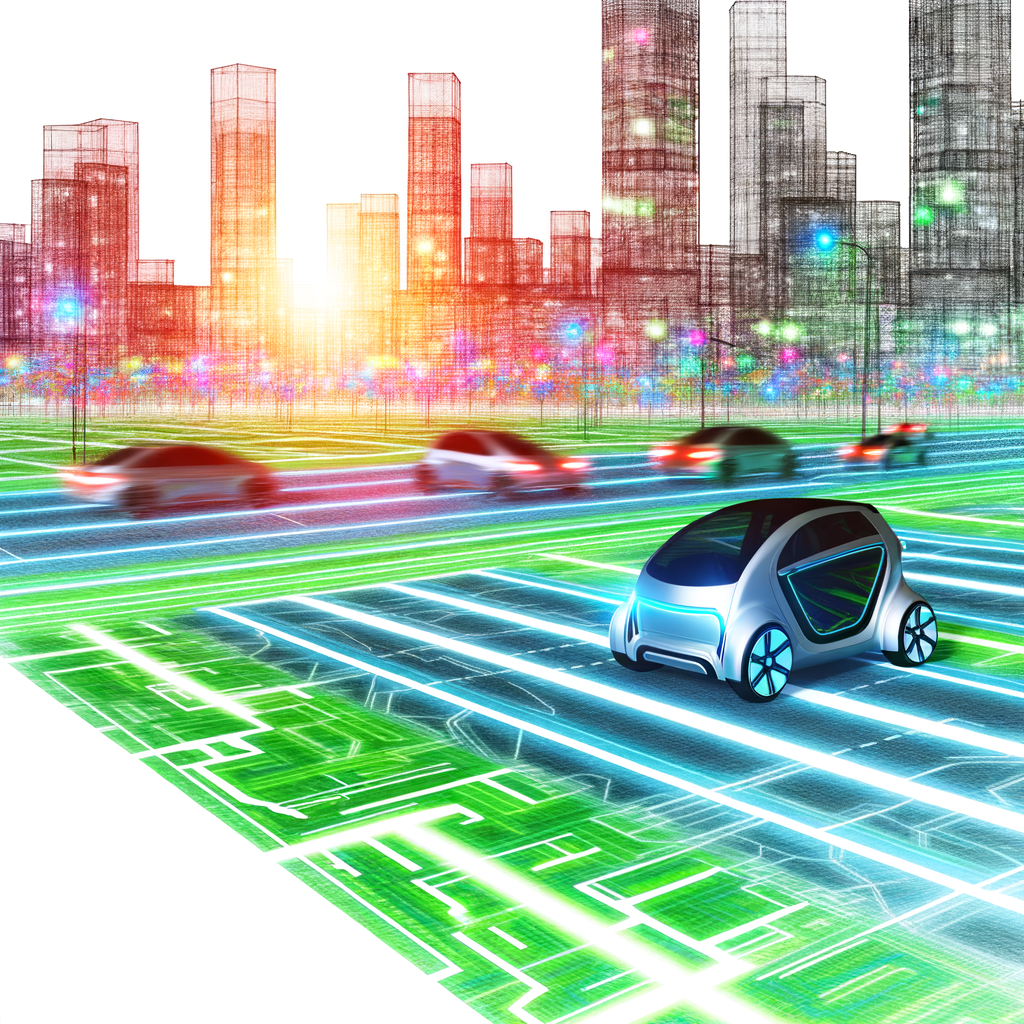 Futuristic cars, green technology, connected roads.