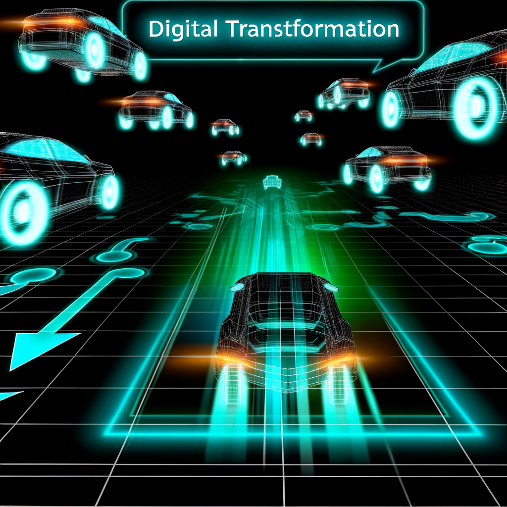 Futuristic cars navigating digital transformation roadmap.