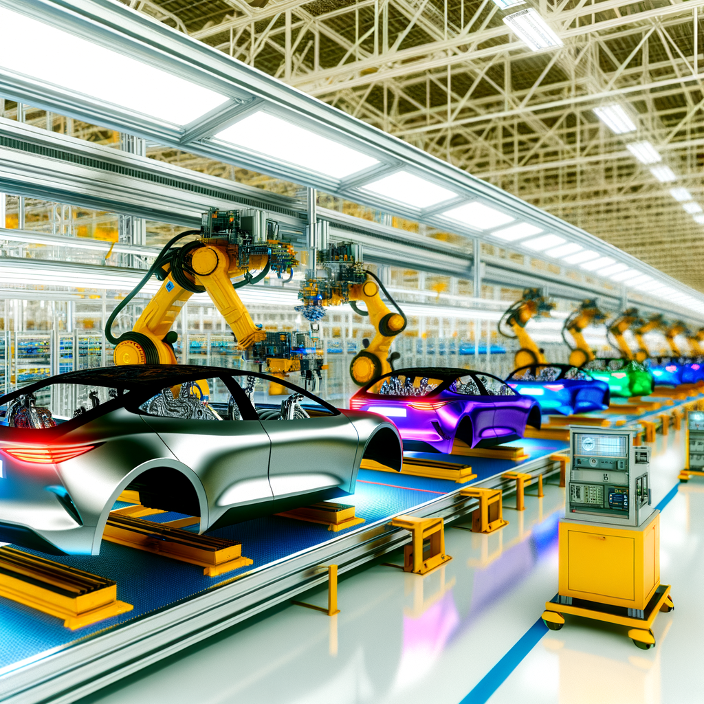 Futuristic cars on assembly line, innovation showcased.