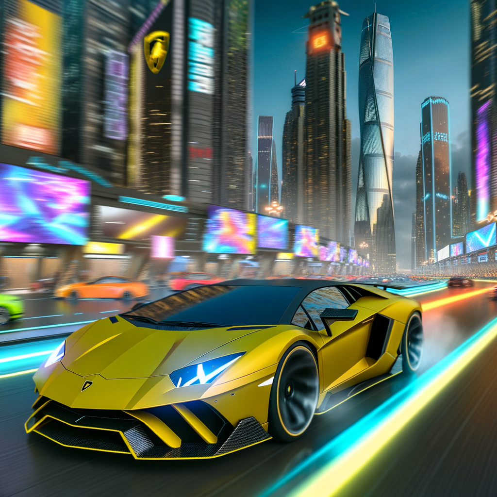 Lamborghini Aventador speeding through futuristic city.