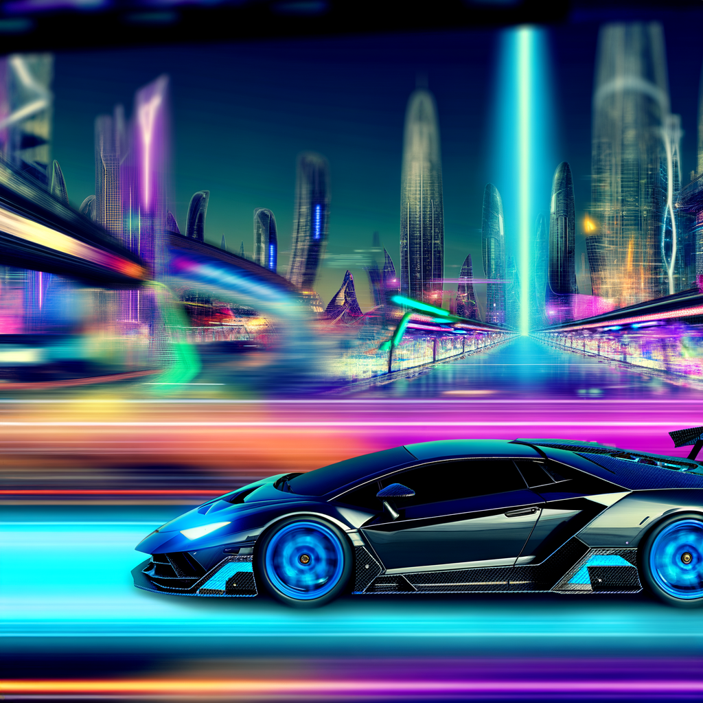 Lamborghini supercar speeding through futuristic city.