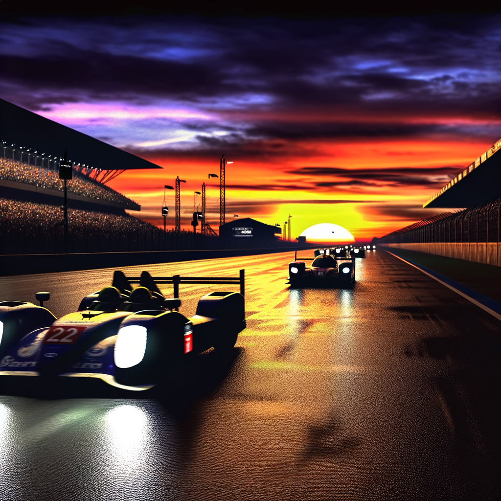 Le Mans race: roaring cars at twilight.