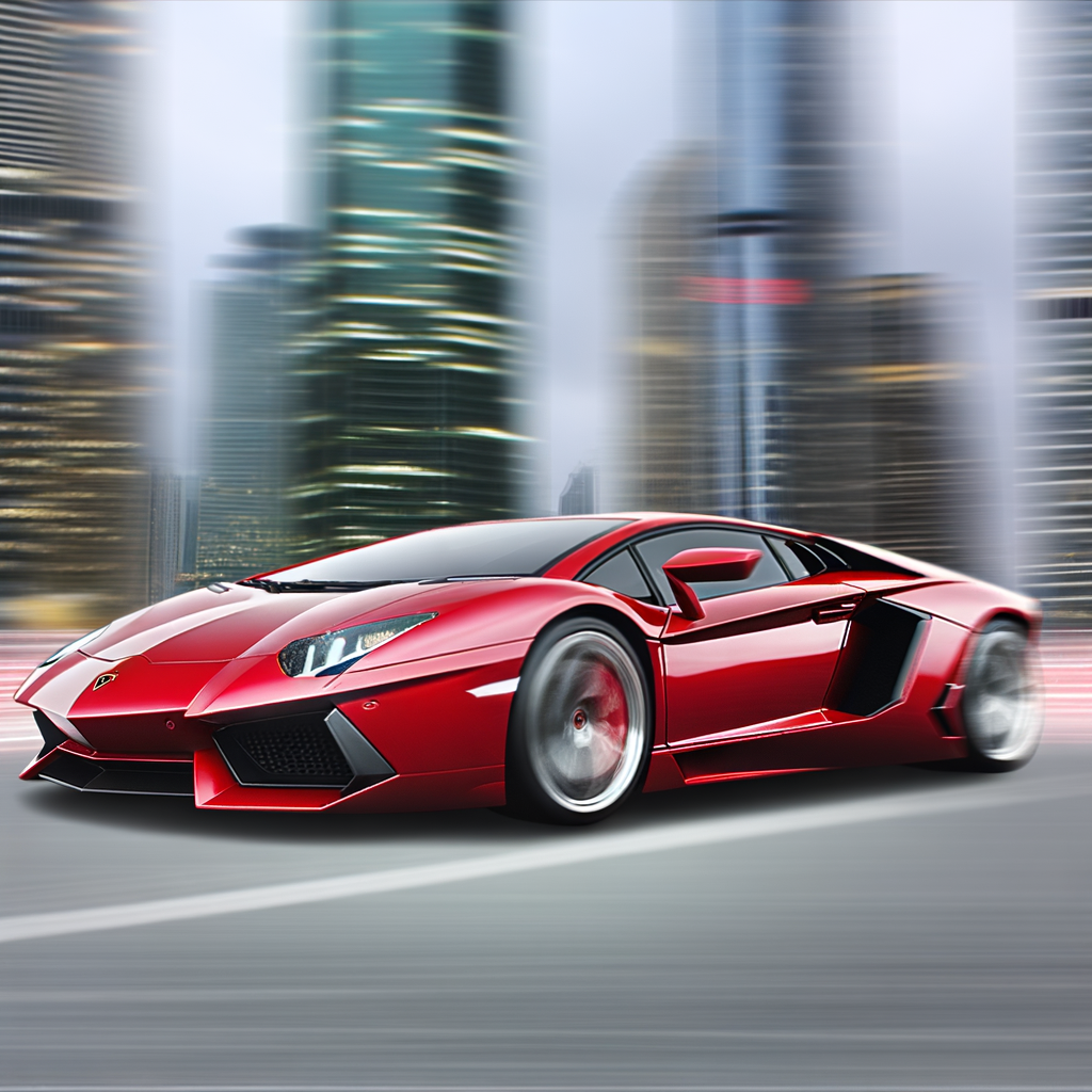 Sleek Lamborghini supercar racing through cityscape.
