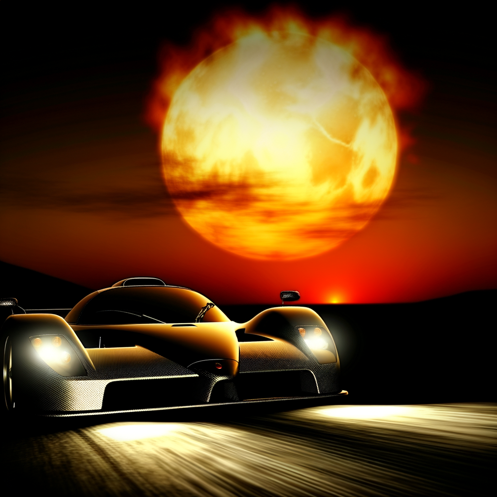 A sleek Ferrari supercar racing sunset.