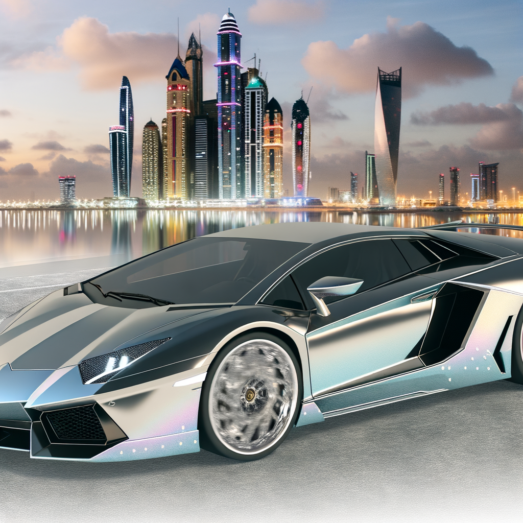 A sleek Lamborghini amidst futuristic cityscape.