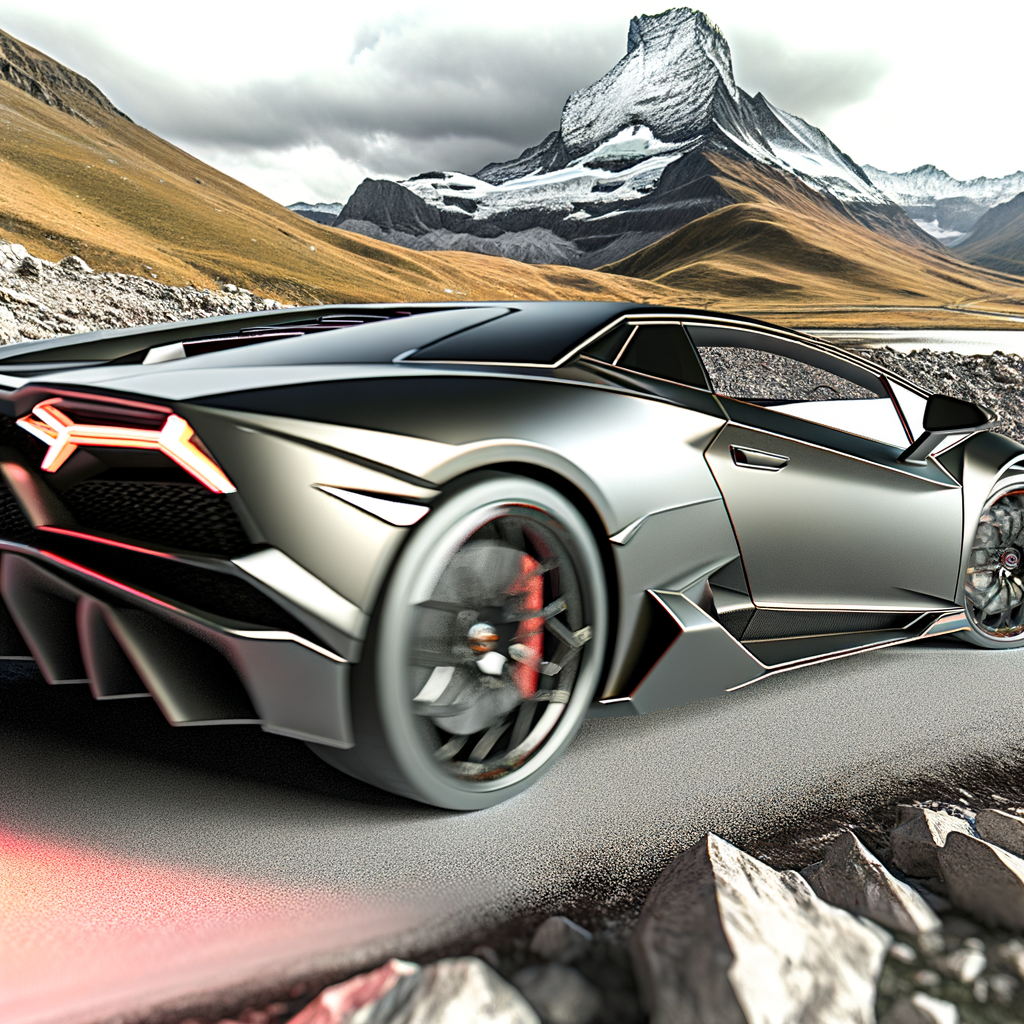 A sleek Lamborghini driving through mountains.