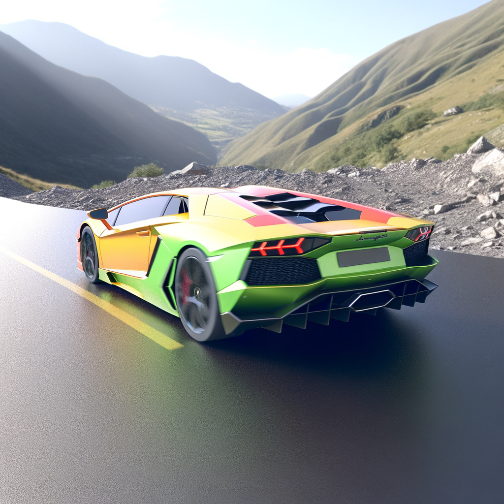 A sleek Lamborghini driving through mountains.