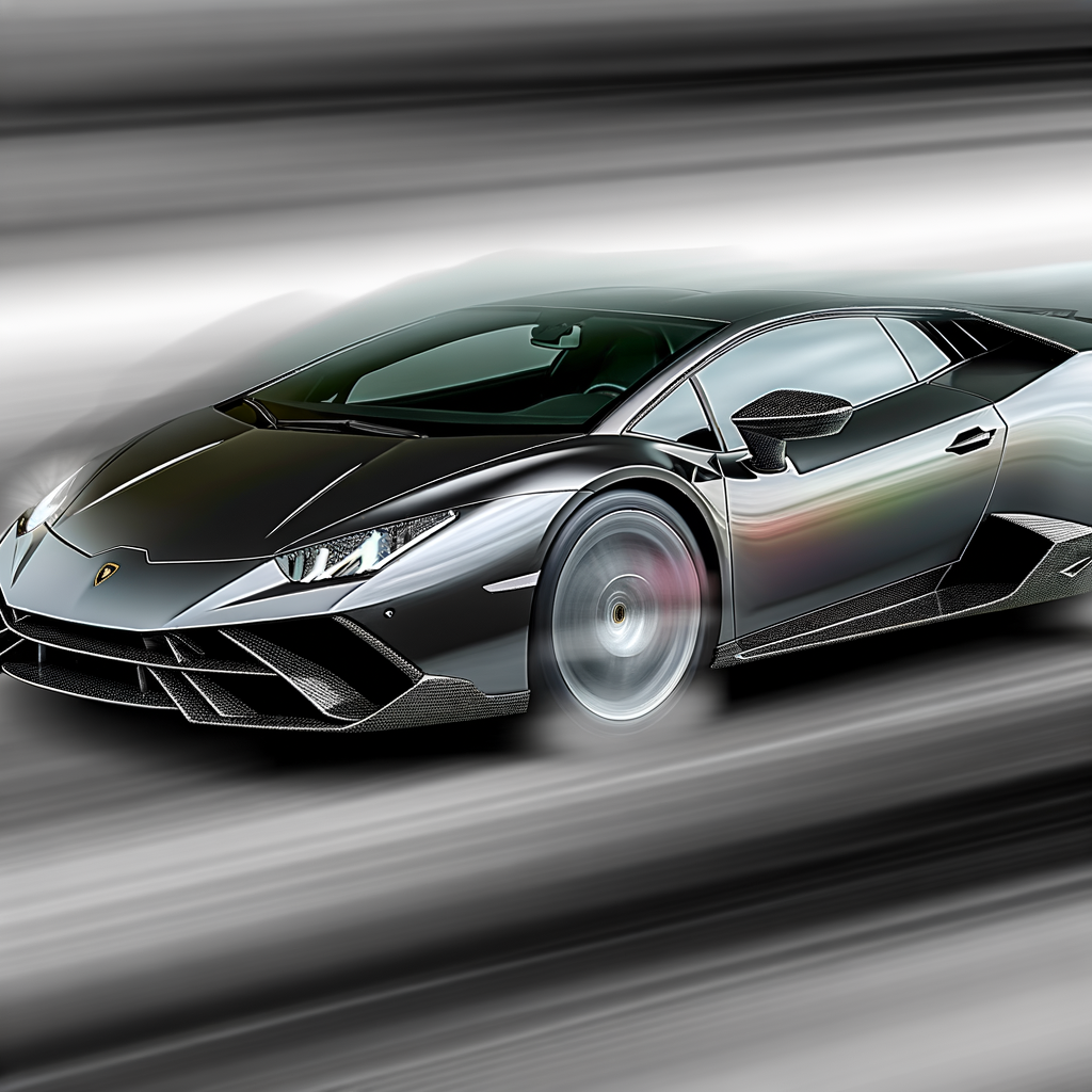 A sleek Lamborghini supercar speeding forward.