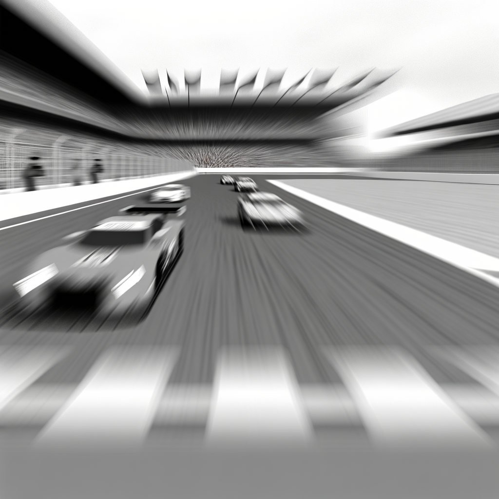 Blurring racetrack, focused cars, intense speed.