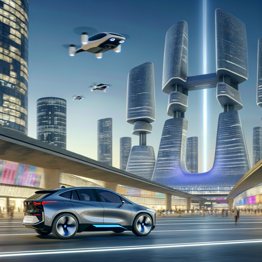 BMW iX cruising through futuristic cityscape.