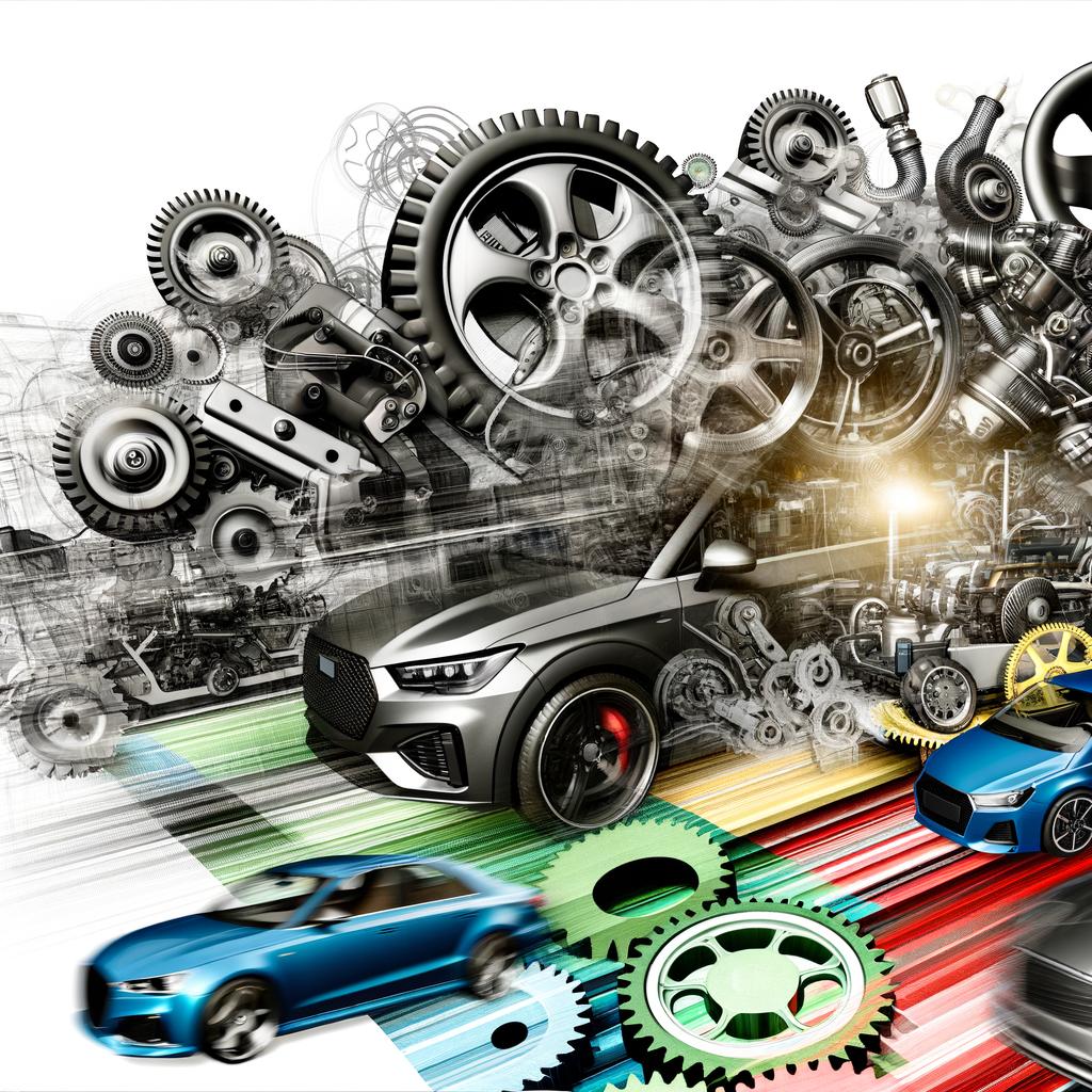 Dynamic collage of cars, tech, and gears.