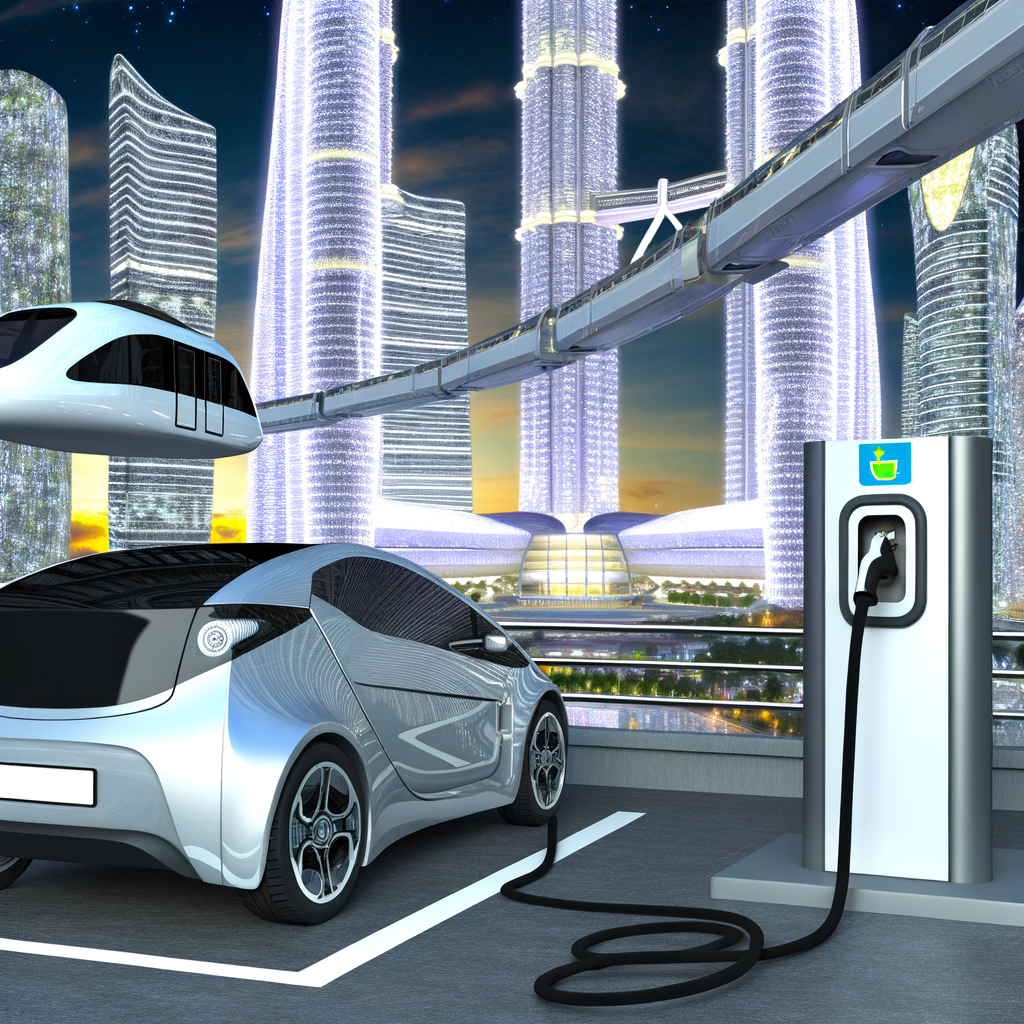 Electric car charging, futuristic city backdrop.