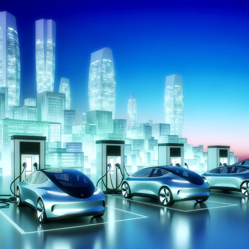 Electric cars charging, future city skyline.