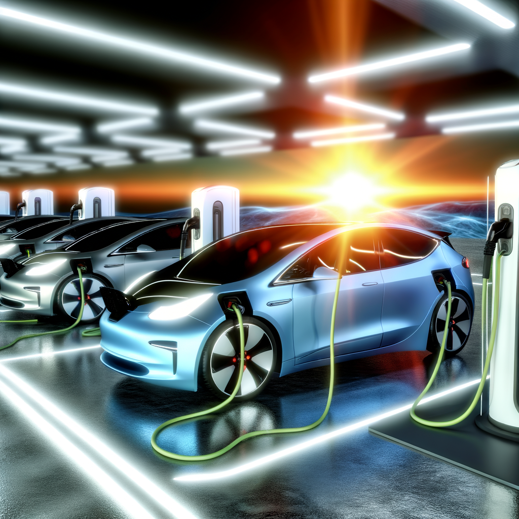 Electric cars charging under glowing future.