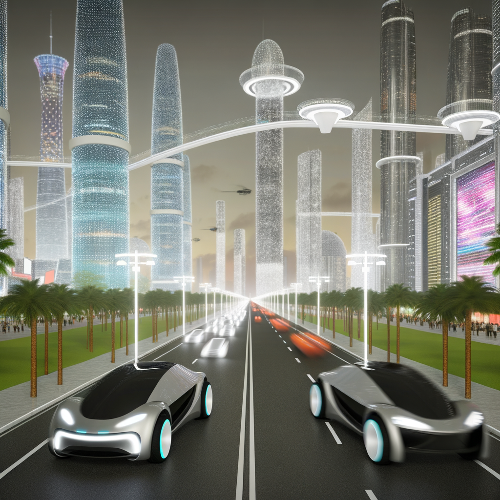 Electric cars lead futuristic cityscape evolution.