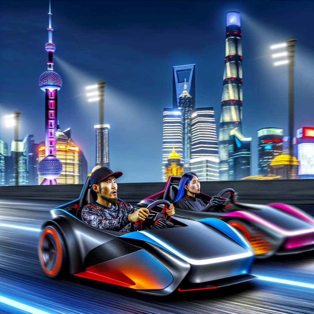 EVs race on futuristic Shanghai skyline.