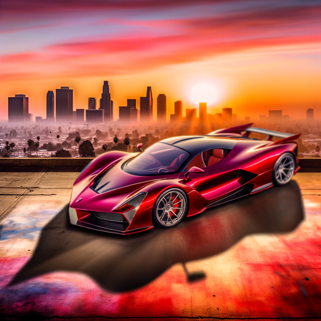 Ferrari hypercar speeding through sunset cityscape.