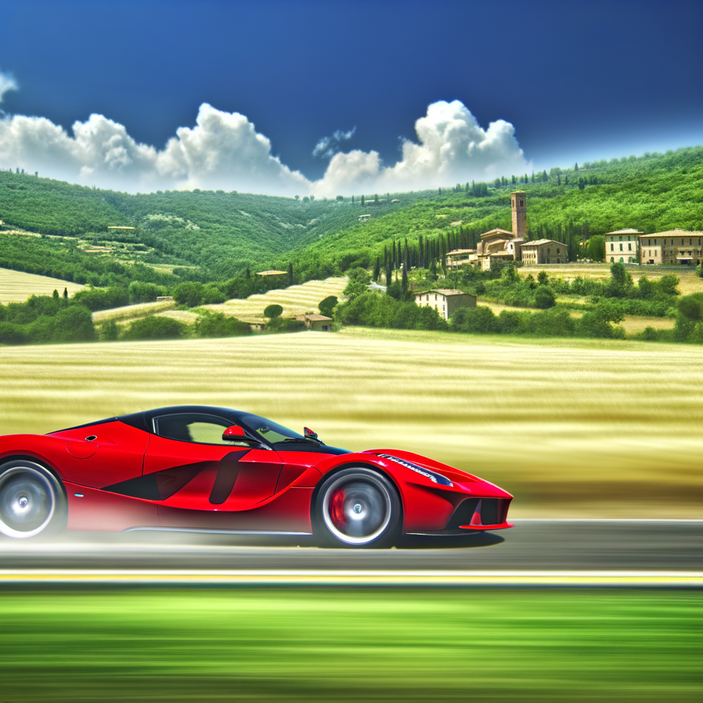 Ferrari speeds through picturesque Italian countryside.