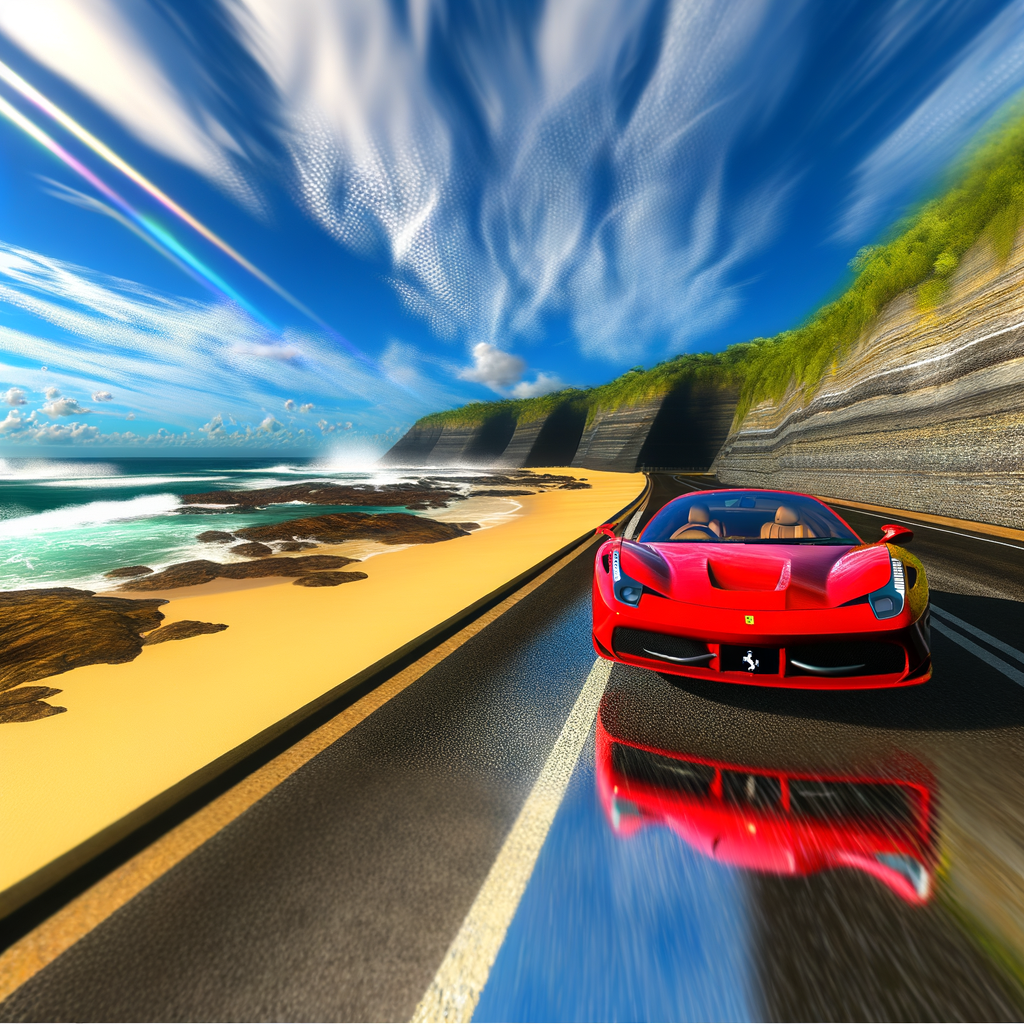 Ferrari supercar elegantly cruising scenic coastline.