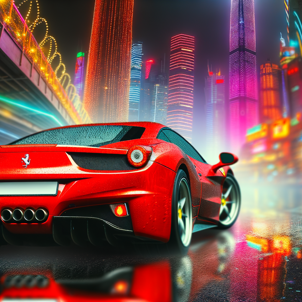 Ferrari supercar gliding through futuristic city.