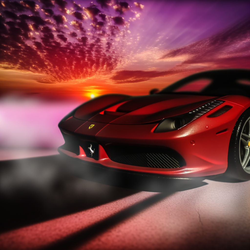 Ferrari supercar glistening under sunset skies.