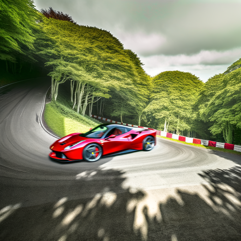 Ferrari supercar on a winding road.