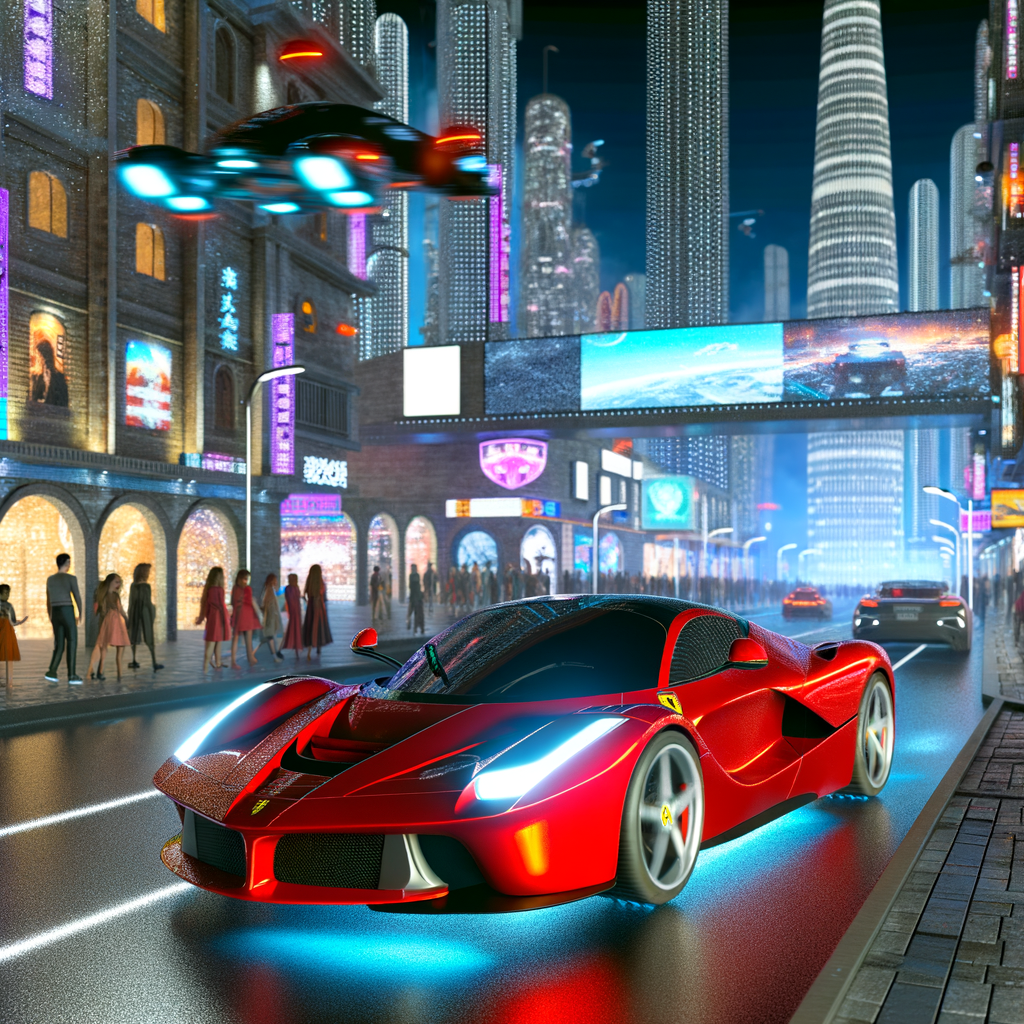 Ferrari supercar on futuristic city streets.