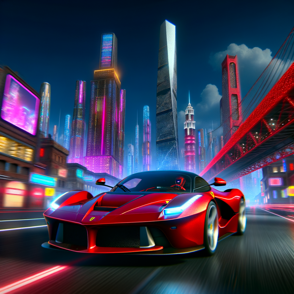 Ferrari supercar racing through futuristic cityscape.