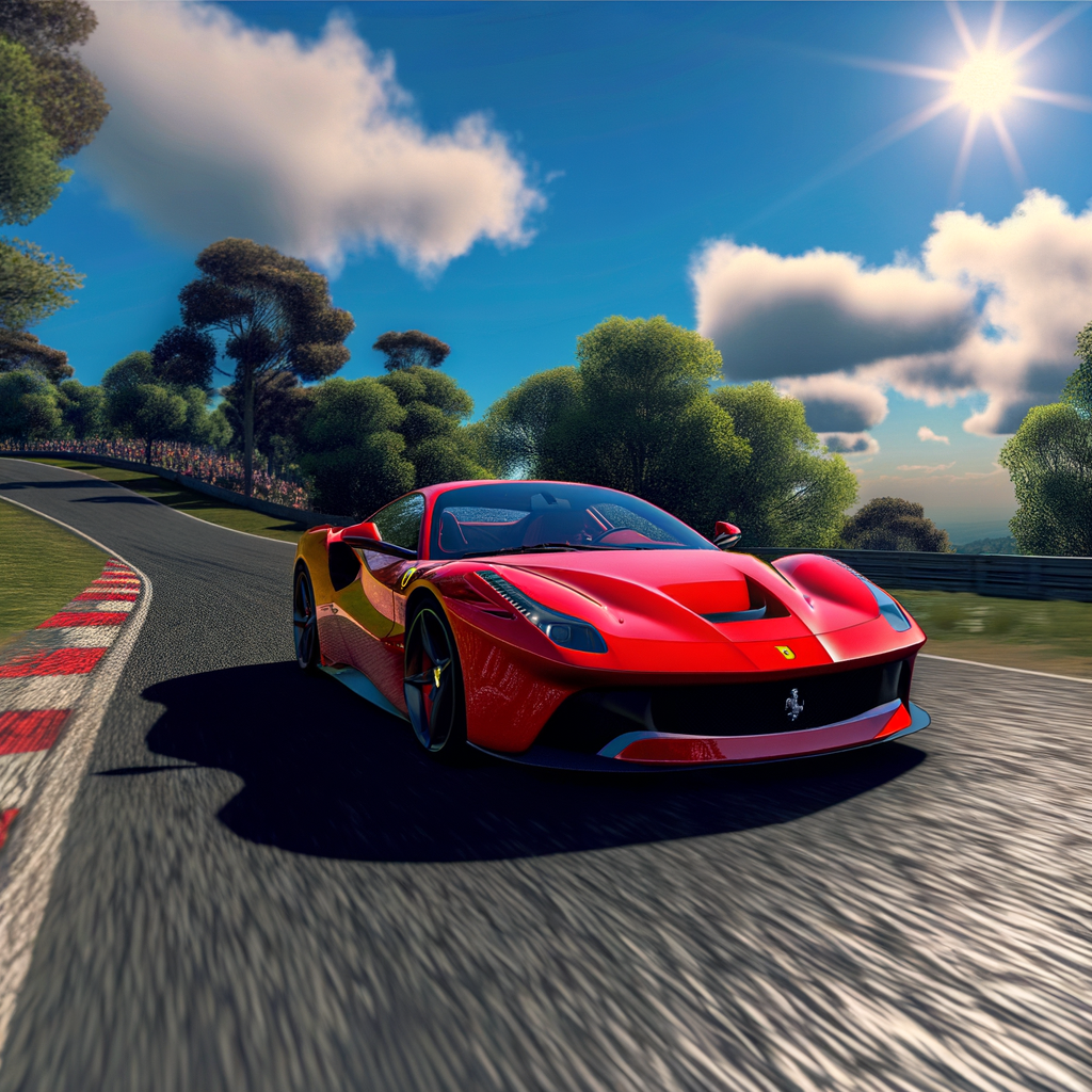 Ferrari supercar speeding on winding road.