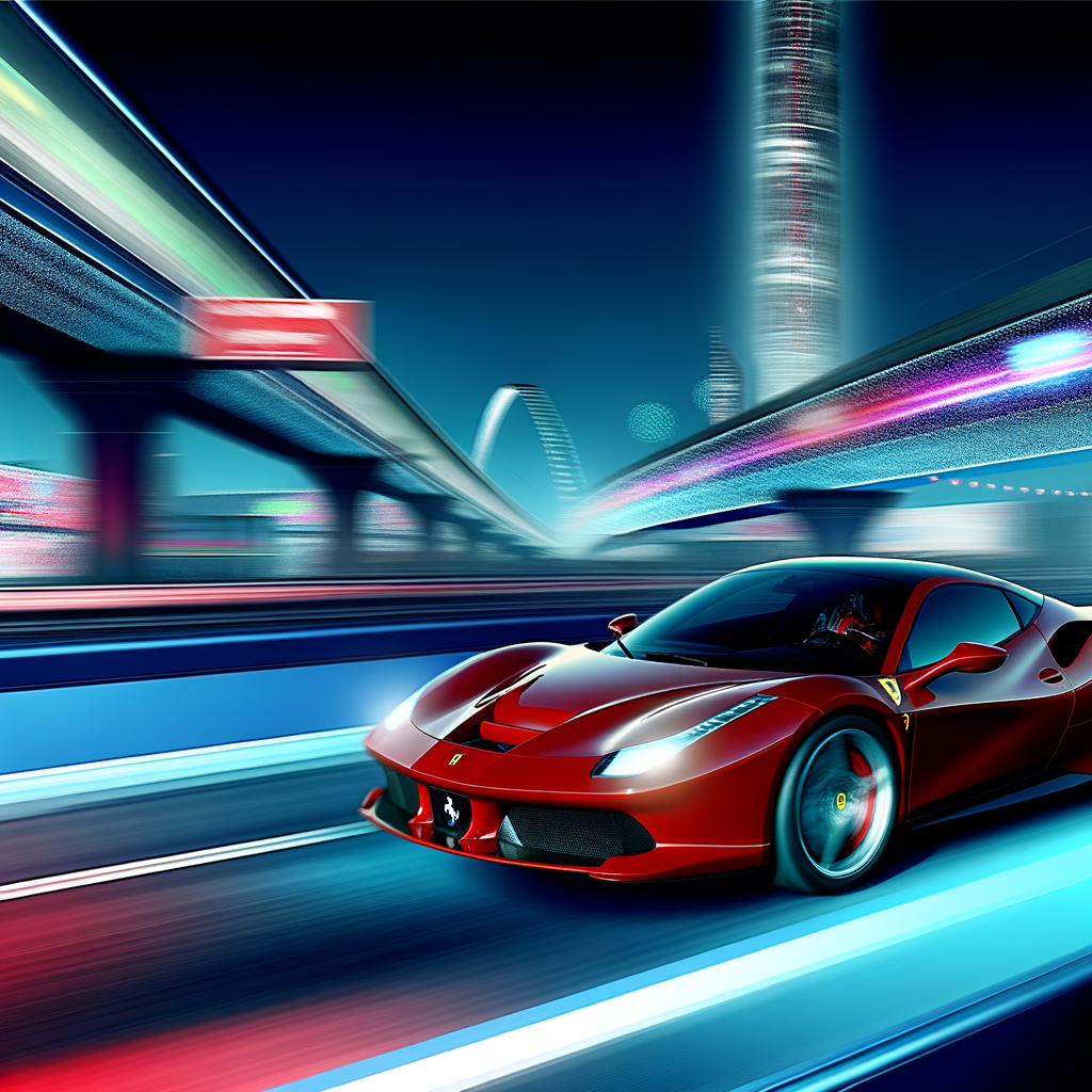 Ferrari supercar streaks down futuristic highway.