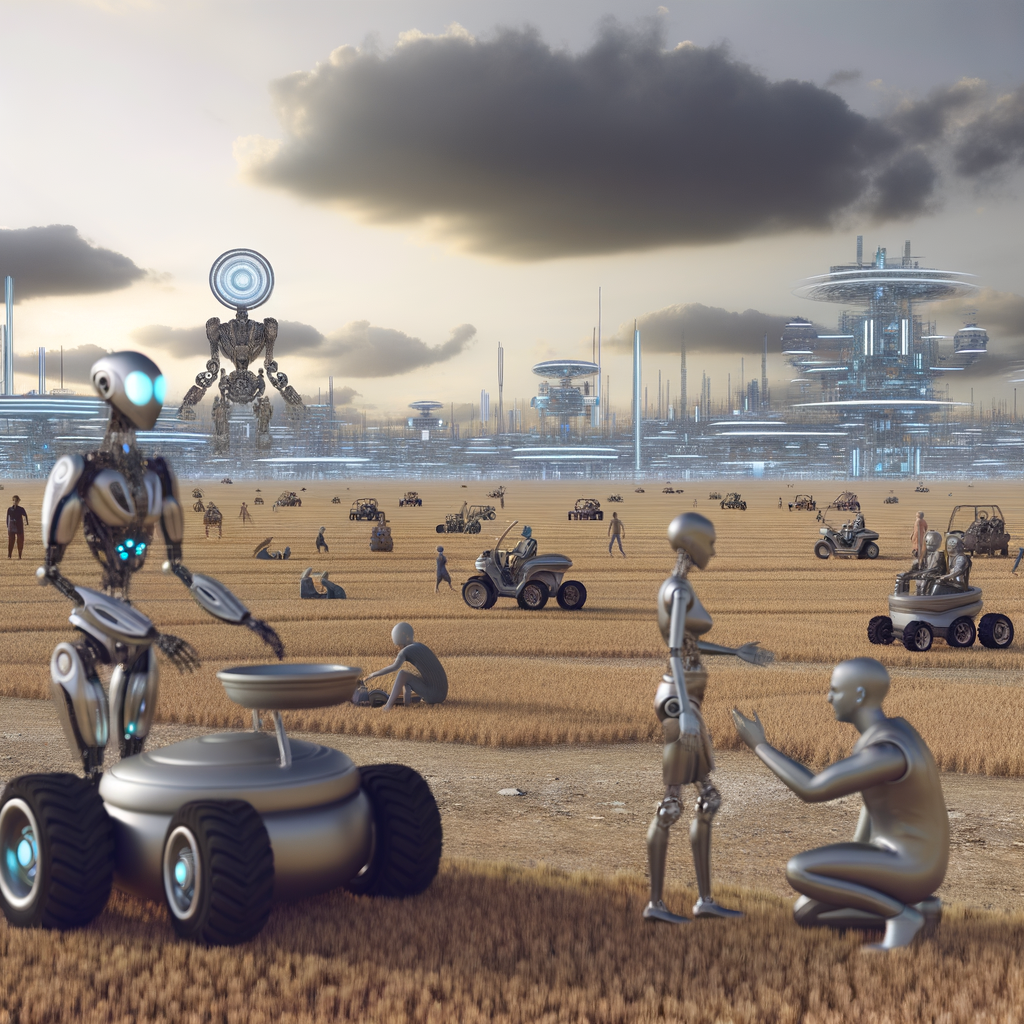 Futuristic AI landscape, human-robot collaboration horizon.