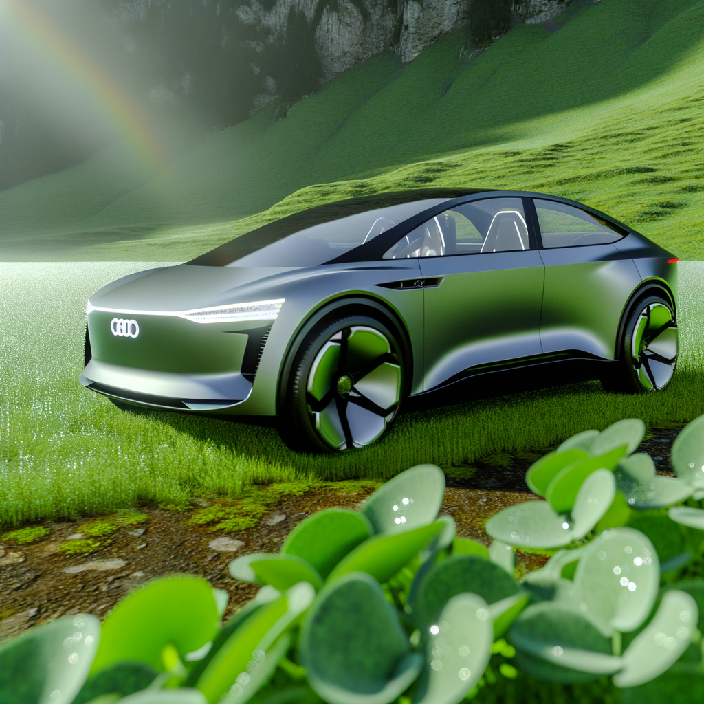 Futuristic Audi EV amidst green landscape.