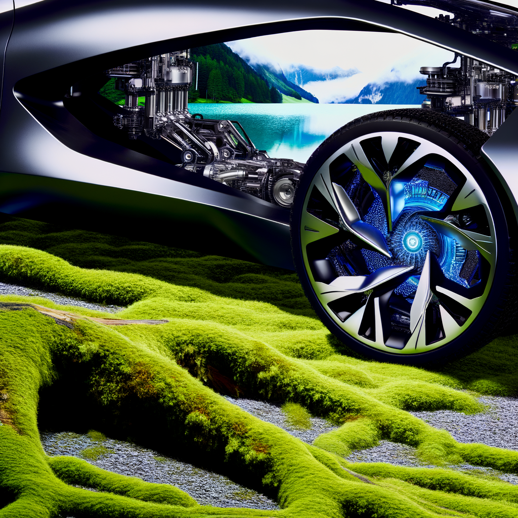 Futuristic cars amidst technology and nature.