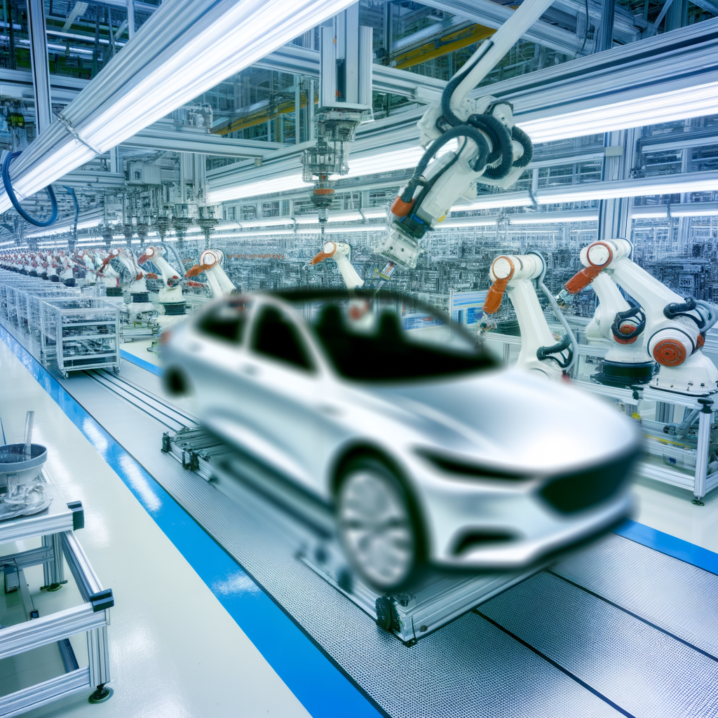 Futuristic cars assembly line, global compliance.