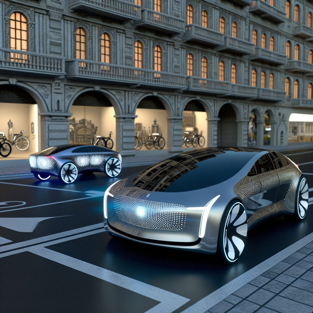 Futuristic cars charge and navigate autonomously.